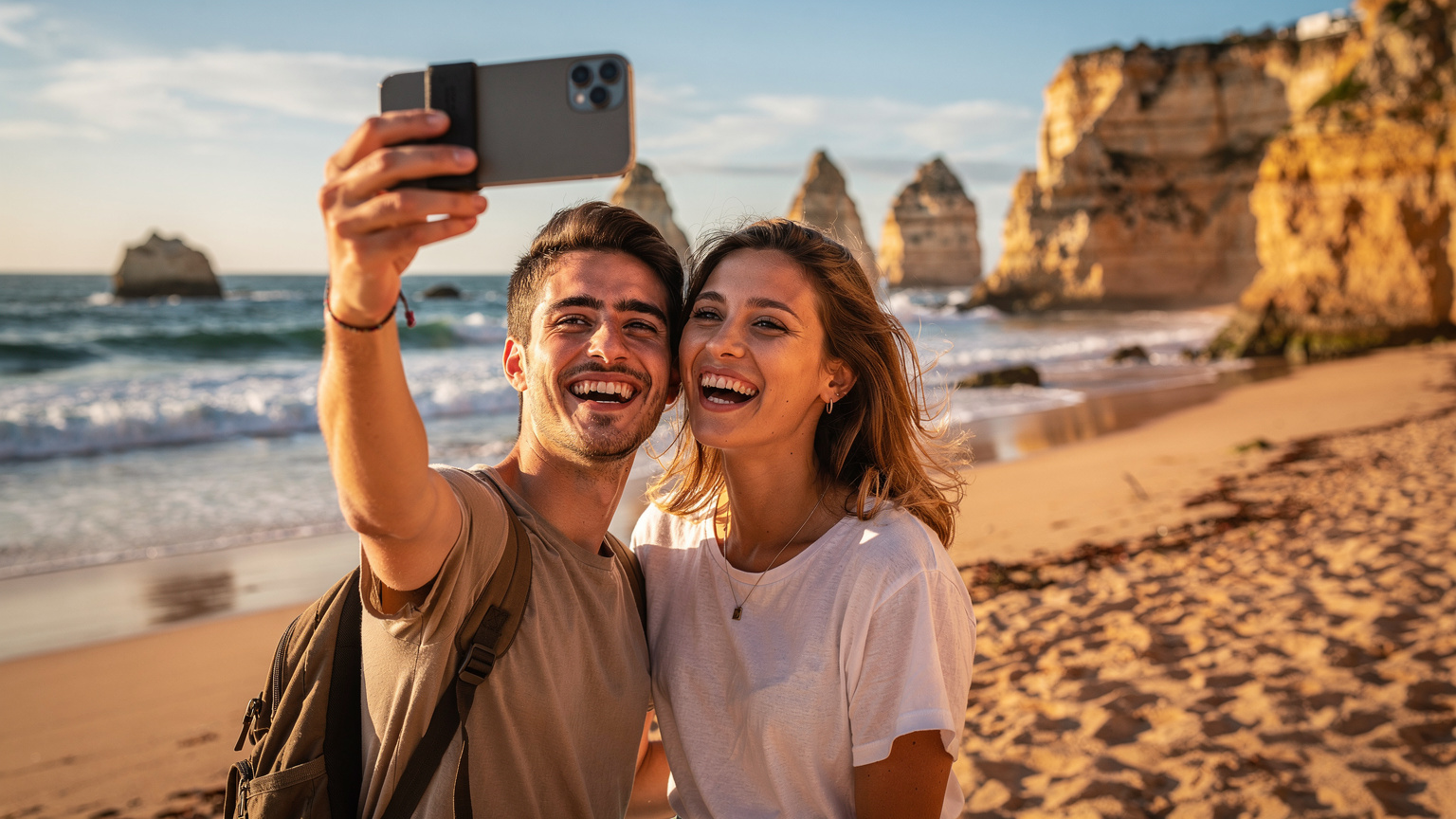 Una pareja joven ríe y se hace selfies en una playa soleada de Portugal, con el océano Atlántico y formaciones rocosas al fondo, disfrutando de su conexión.
