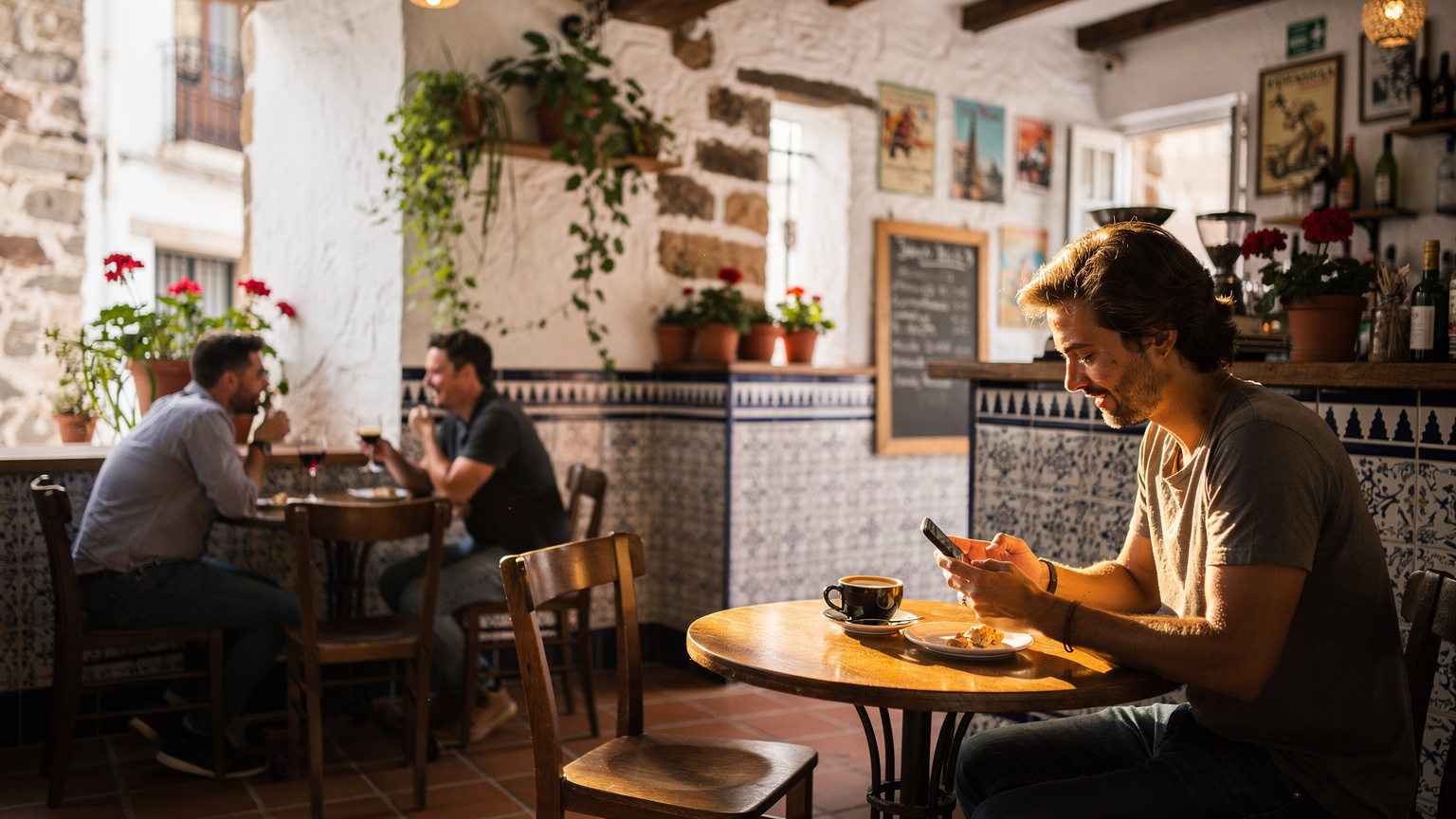 Un café acogedor en un pueblo blanco andaluz, con una pareja disfrutando de bebidas mientras una persona en primer plano usa su teléfono, conectada.