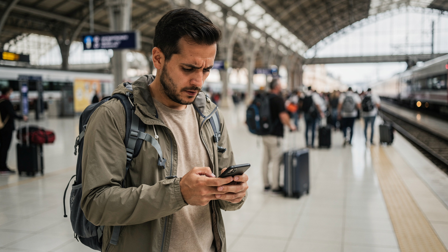 Un viajero consulta su teléfono, buscando direcciones, mientras espera en una concurrida estación de tren en España, simbolizando la necesidad de conexión al llegar.