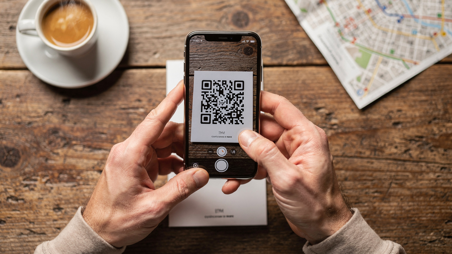 Mani che tengono un iPhone mentre si inquadra un QR code stampato su un piccolo opuscolo, con un caffè e una mappa su un tavolo di legno in sottofondo.