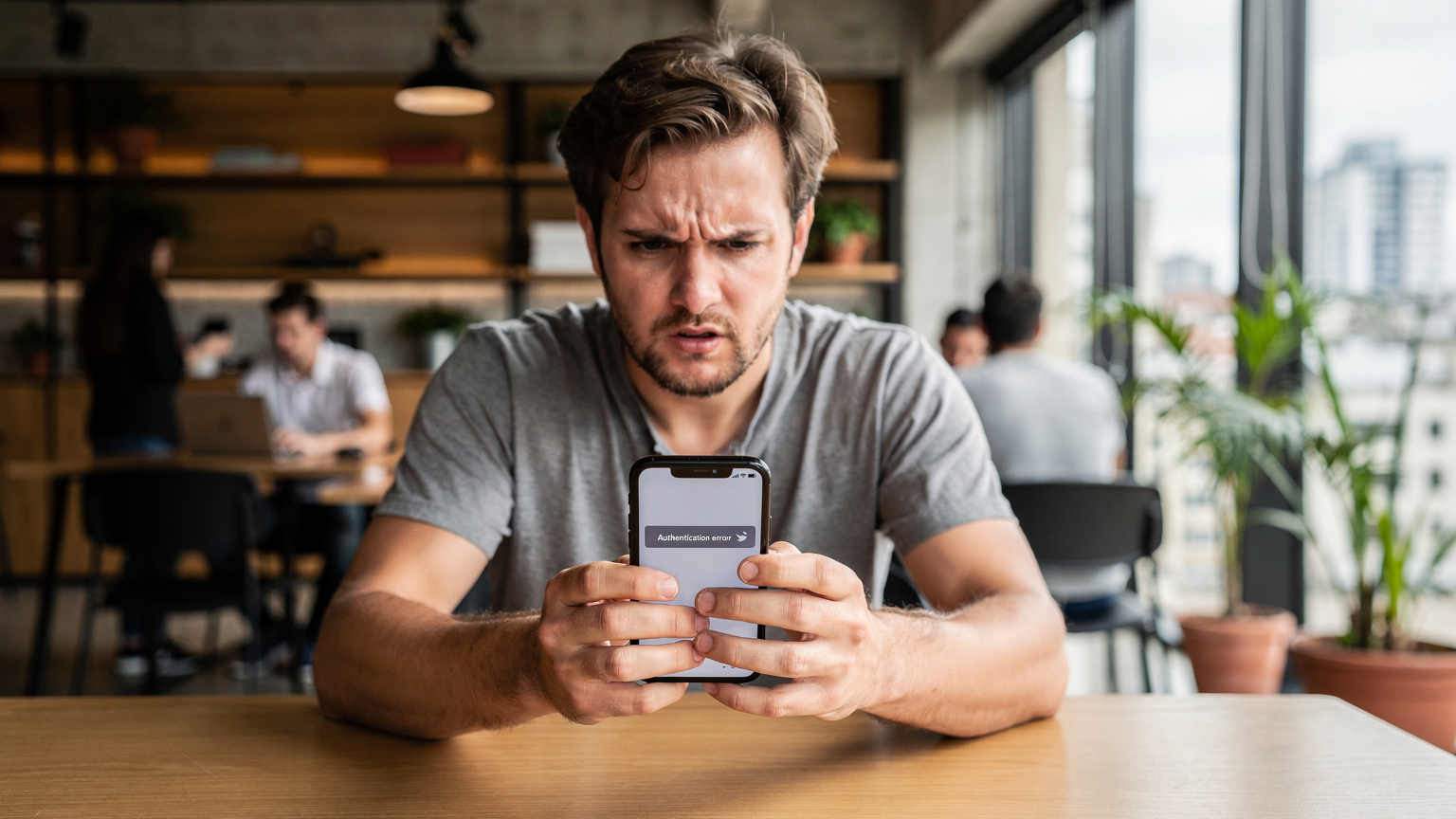 Un nomade digitale con uno sguardo frustrato, seduto in un co-working space affollato a San Paolo, Brasile, tiene in mano il suo smartphone che mostra un messaggio di errore di autenticazione a due fattori.