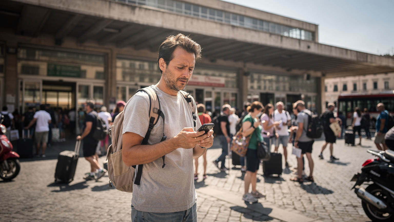 Un turista straniero consulta il suo smartphone con un'espressione confusa, di fronte all'ingresso affollato della stazione di Roma Termini.