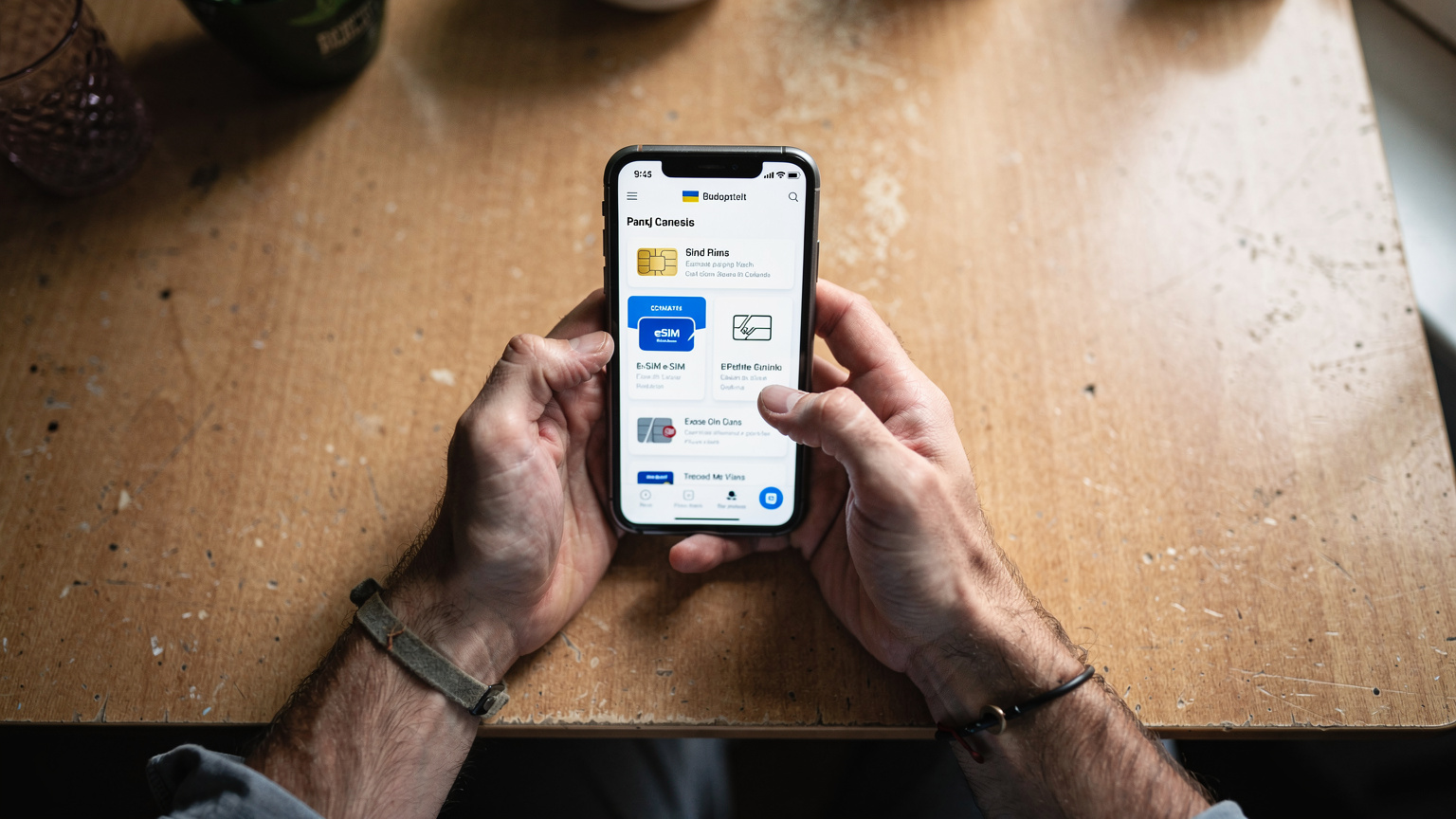 Крупний план рук українця, який переглядає тарифи eSIM на своєму смартфоні, порівнюючи ціни та пакети даних для подорожей Європою.
