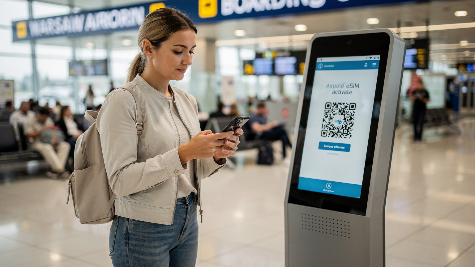 Українка в аеропорту швидко активує eSIM на своєму смартфоні, уникаючи черг до кіосків SIM-карток після прибуття.
