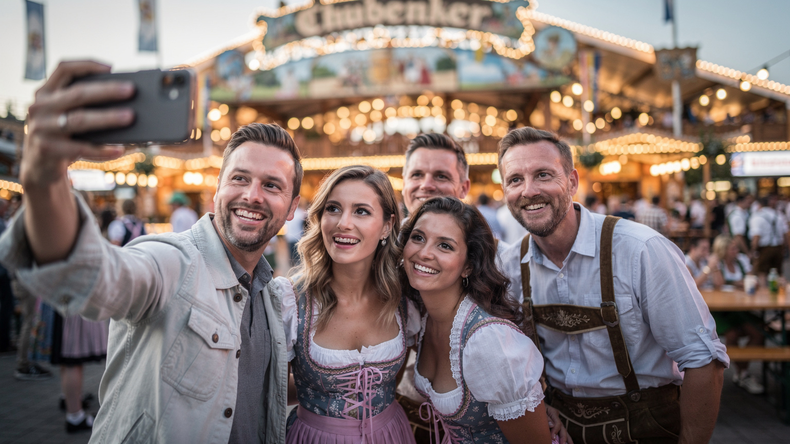 En festlig gruppe venner ler og tar en selfie foran en glødende øltelt på Oktoberfest, med livlig folkemengde og lys i bakgrunnen.