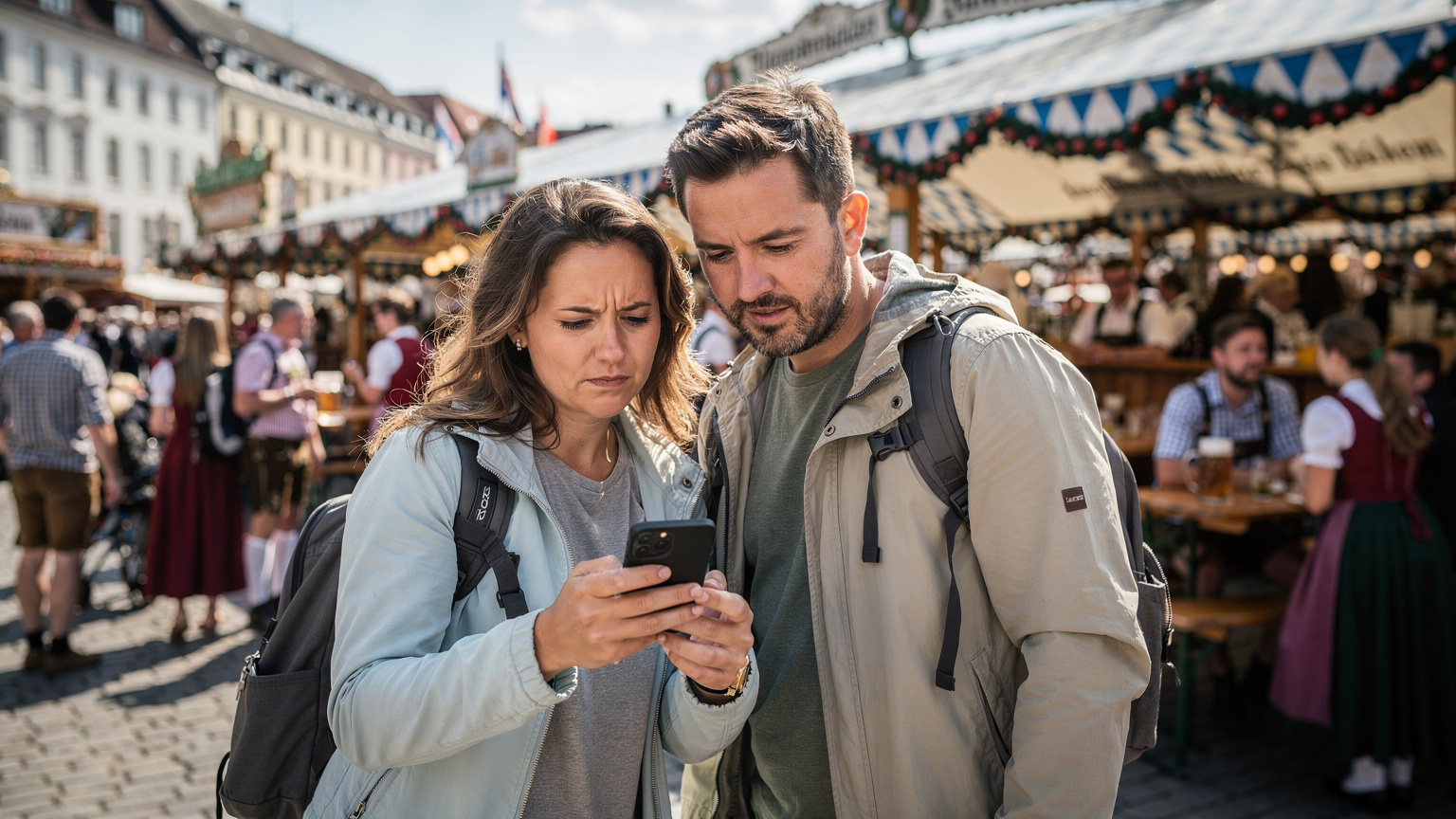 Et par konsulterer en smarttelefon for veibeskrivelse, stående i en travel gate i München under Oktoberfest, omgitt av festglade mennesker i tradisjonelle drakter.