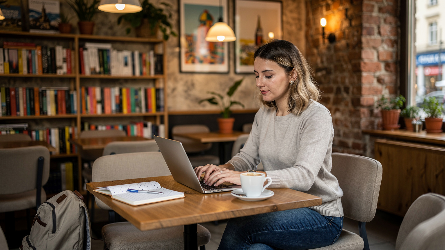 En kvinne sitter ved et bord på en elegant kafé i München, nipper til kaffe mens hun jobber konsentrert på en bærbar datamaskin. En notatbok ligger ved siden av.