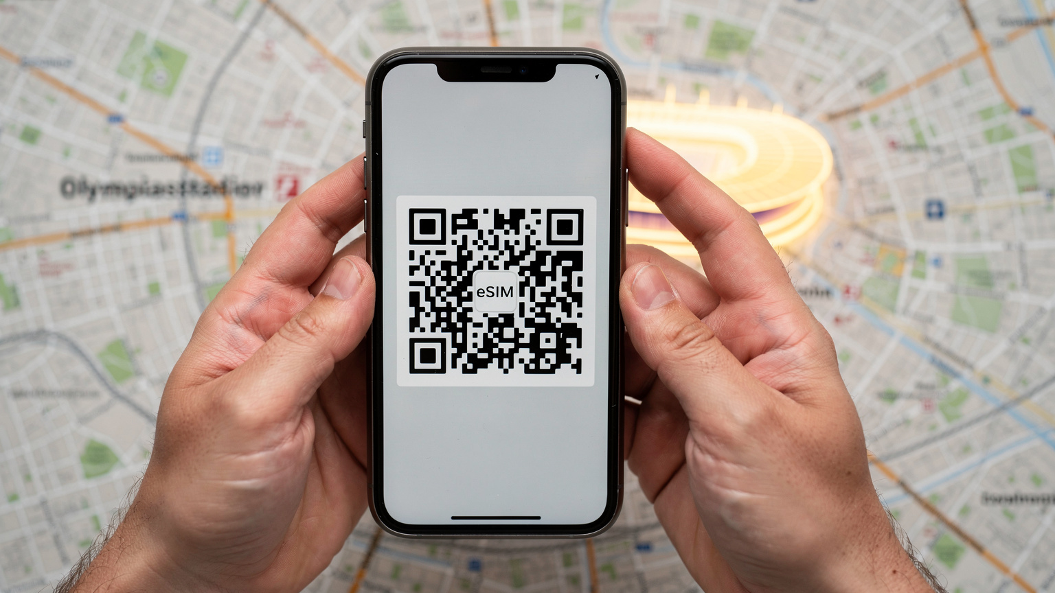 Nahaufnahme eines Smartphones, das eine eSIM-Installation über einen QR-Code anzeigt, mit einer stilisierten Karte von Berlin im Hintergrund.