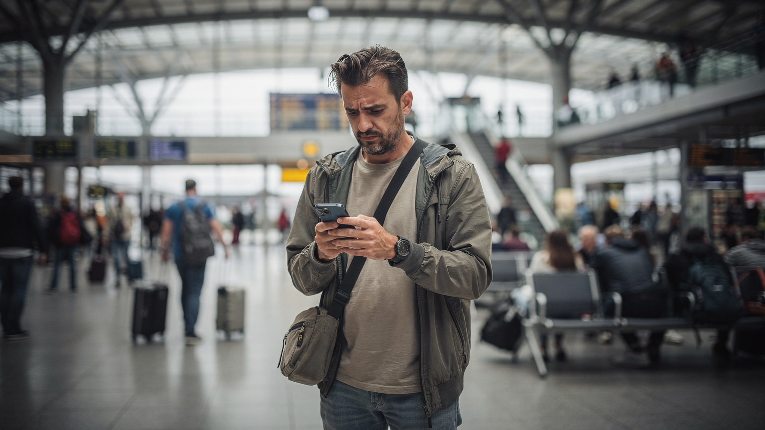 Ein Reisender am Berliner Hauptbahnhof, der besorgt auf sein Smartphone schaut, während er versucht, eine Verbindung herzustellen, mit vielen anderen Reisenden im Hintergrund.
