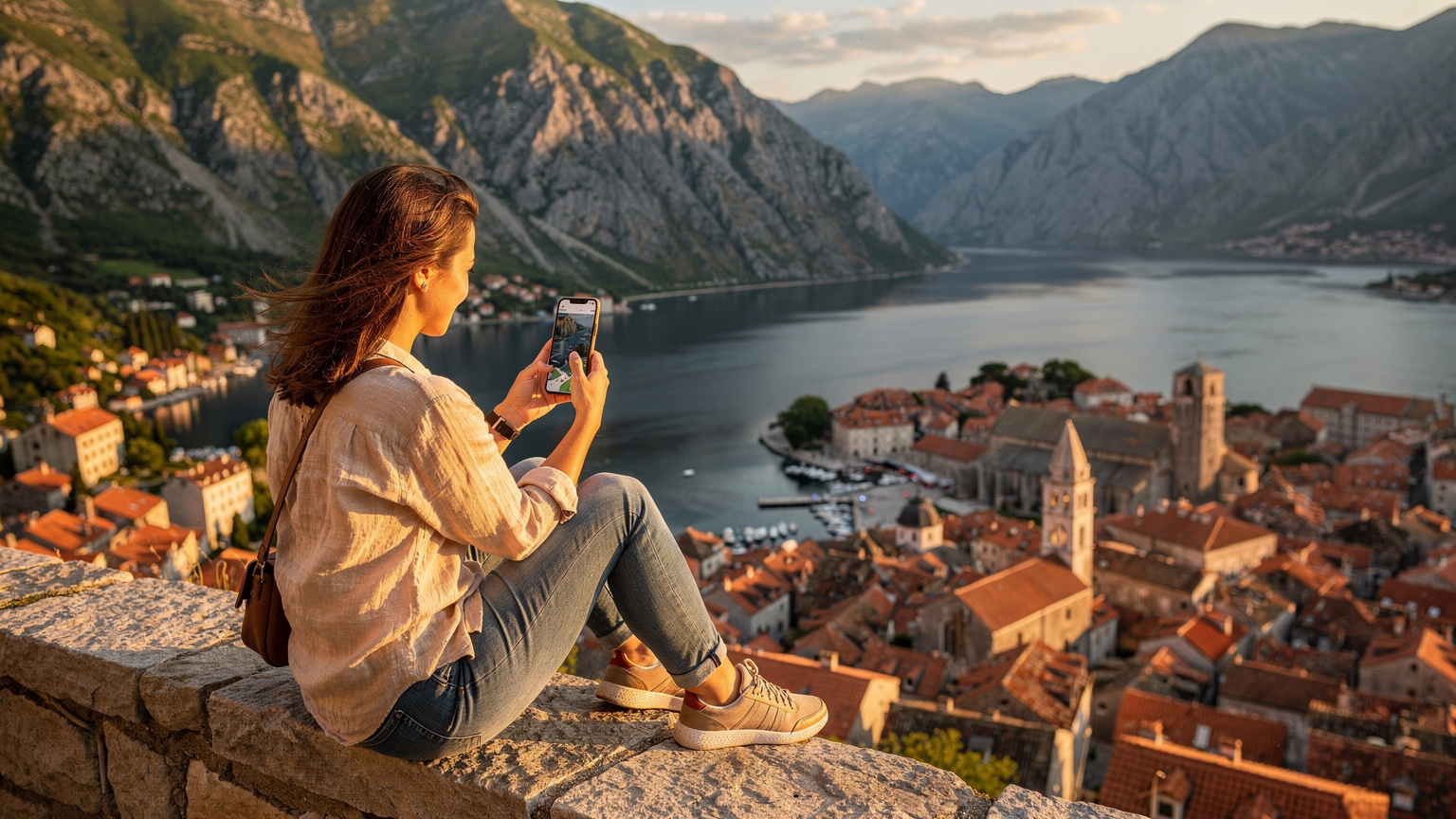 Žena si prezýva mobilný telefón s otvorenou mapou, zatiaľ čo sedí na vyhliadke s úžasným panoramatickým výhľadom na záliv Kotor a staré mesto v Čiernej Hore.