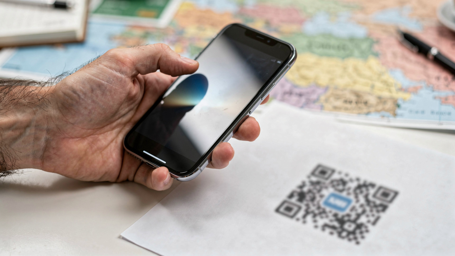 Zblízka záber na ruky cestovateľa, ktorý drží smartfón a skenuje QR kód eSIM, pripravený na aktiváciu dátového plánu, s nejasným pozadím cestovnej mapy.
