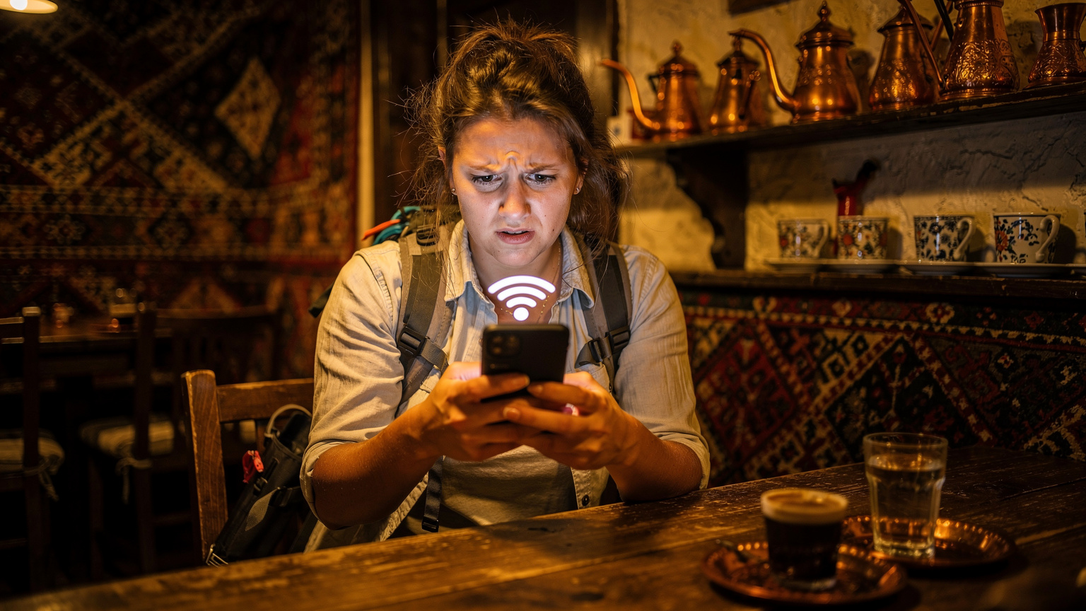 Cestovateľka sedí v historickej kaviarni v Sarajeve, Bosna a Hercegovina, s telefónom v ruke a frustrovaným výrazom, snaží sa pripojiť k slabému Wi-Fi signálu.
