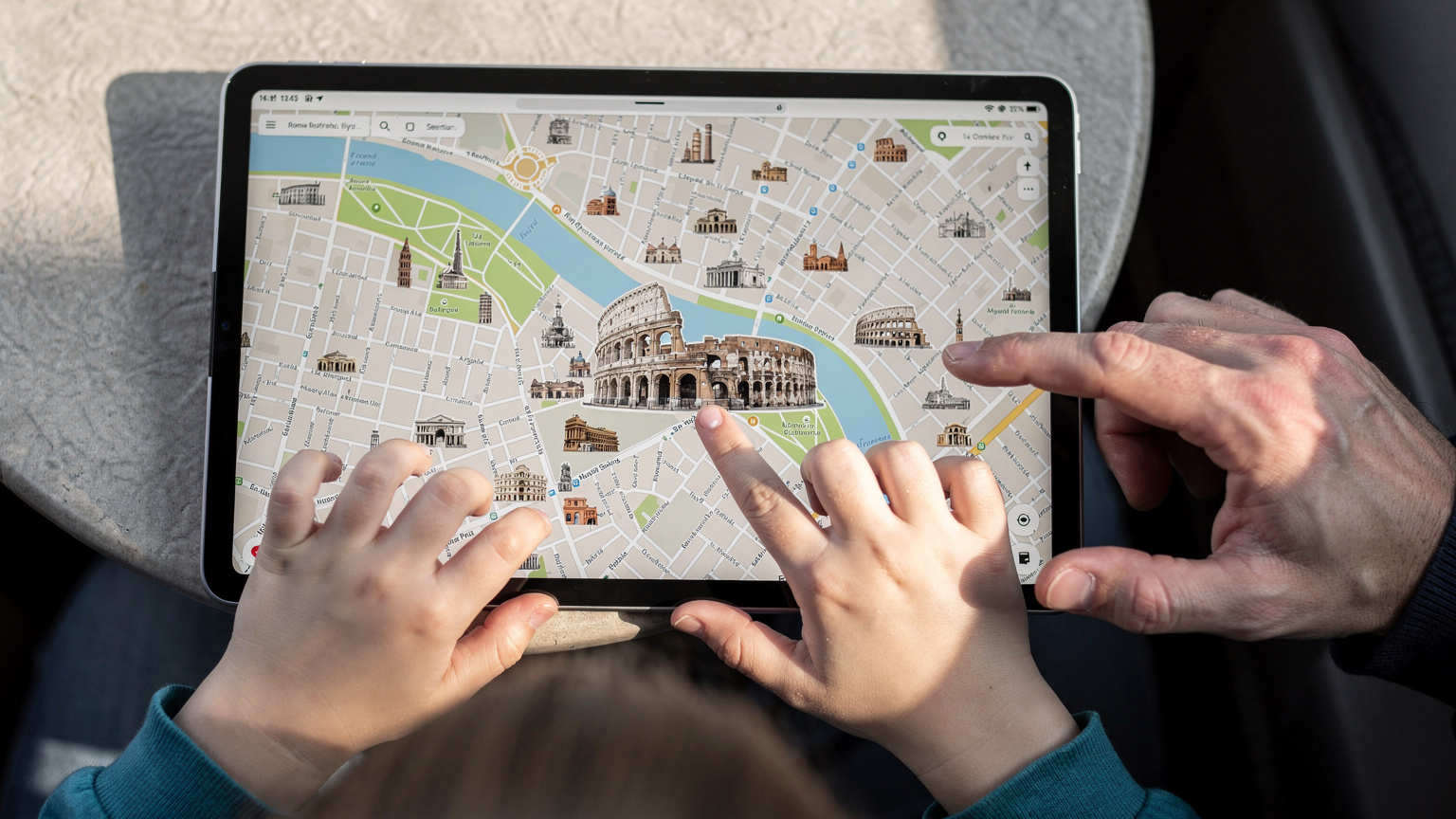 A child's hands holding a tablet displaying an offline map of Rome, with a parent's hand pointing to the Colosseum on the screen.