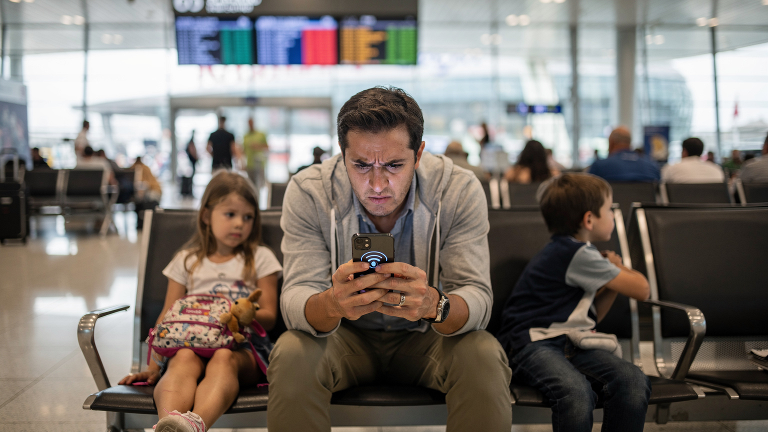 A family stuck at an airport gate, with a parent looking distressed at a phone screen showing a 'no service' message, while bored children fidget nearby.