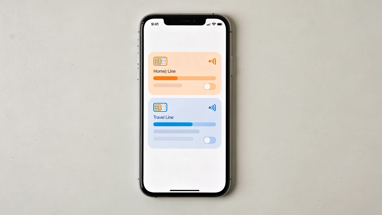 A smartphone screen clearly showing two cellular plans, one labeled 'Home SIM' and the other 'Travel eSIM', with data usage statistics.