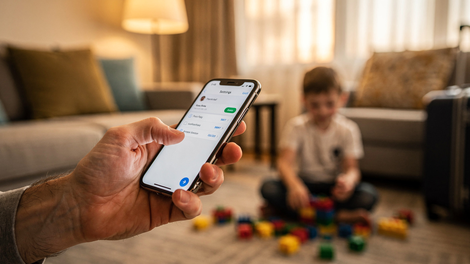 A parent's hand adjusting screen time limits on an iPhone's settings menu, with a child playing with toys in the soft-focused background.