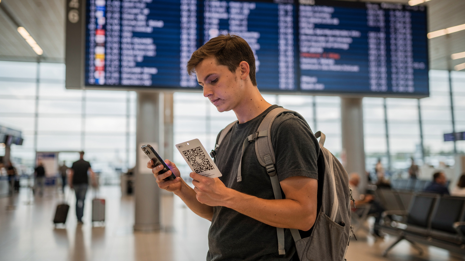 Eine Person am Flughafen scannt einen QR-Code für die eSIM-Aktivierung auf ihrem Smartphone, ein Abflug-Board ist im Hintergrund zu sehen.