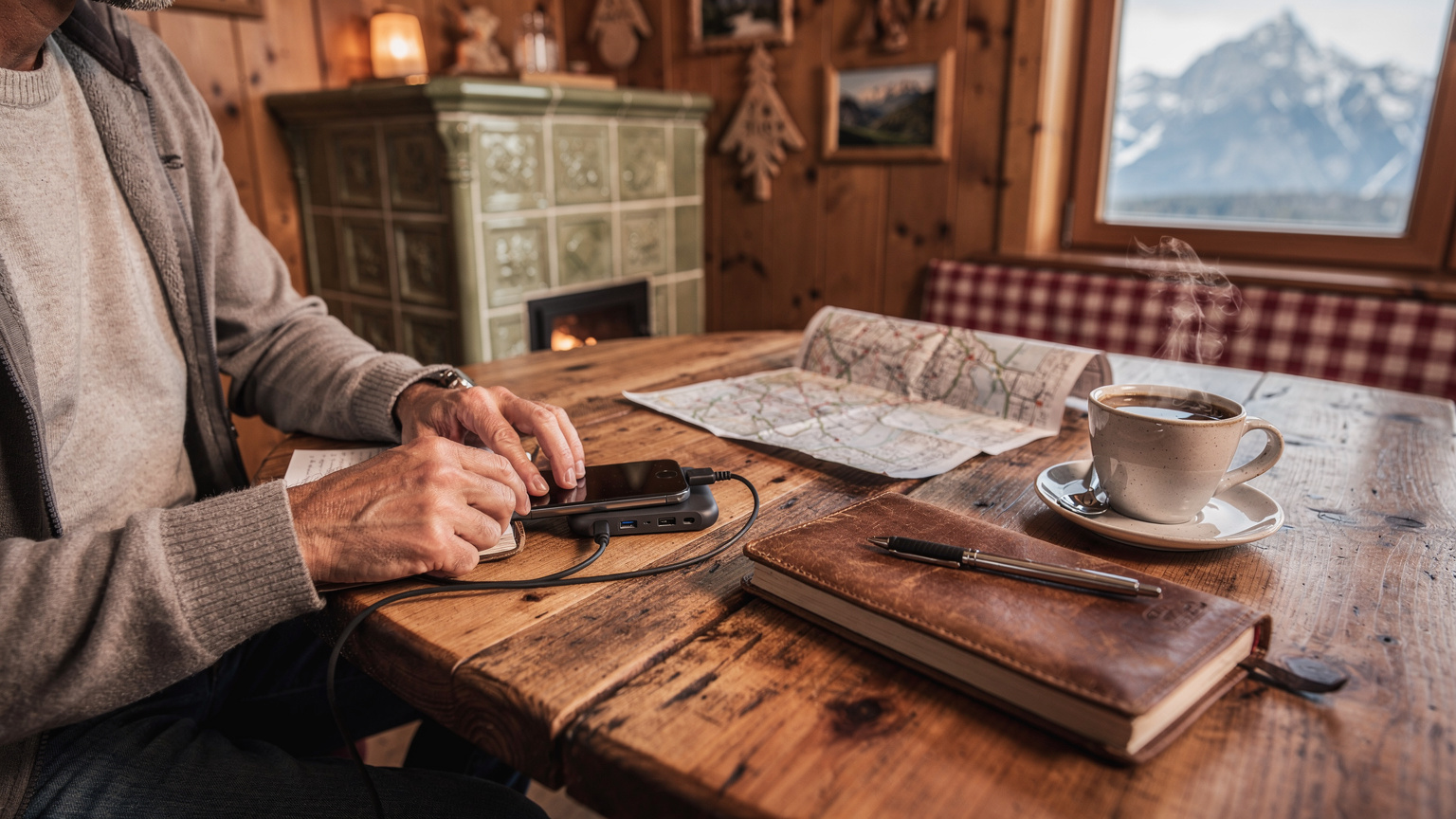 Ein Traveller sitzt in einem gemütlichen Bergcafé, sein Smartphone lädt an einer Powerbank, daneben liegen eine Karte und ein Notizbuch.