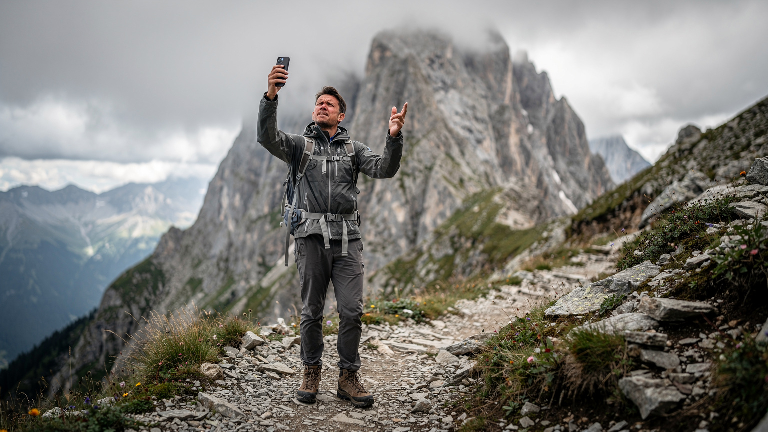 Ein Wanderer sucht auf seinem Smartphone nach Empfang, während er in einer felsigen Berglandschaft steht und über eine steile Felswand blickt.
