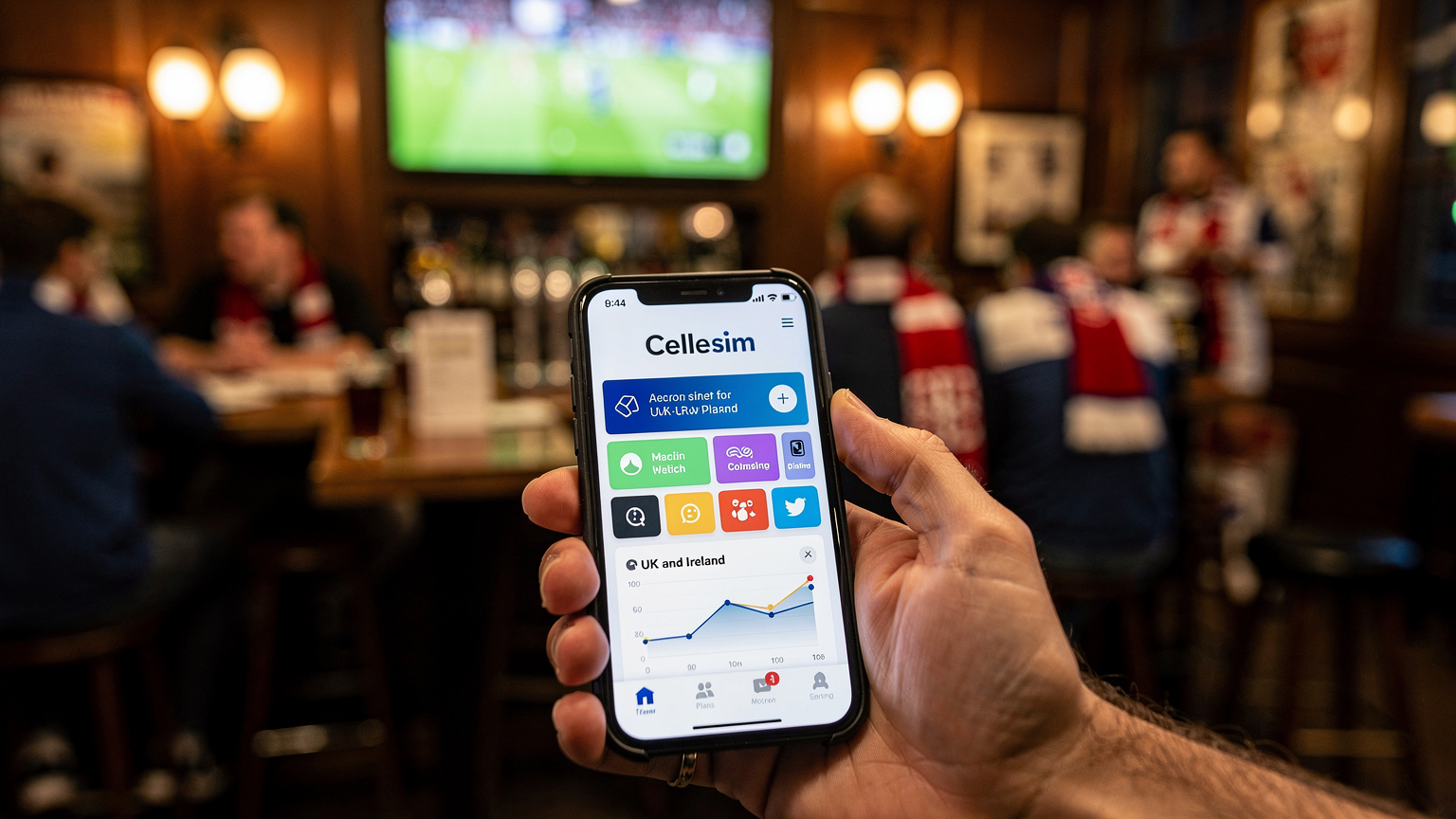 Una mano tiene un telefono con l'app di Cellesim aperta, mostrando i piani dati disponibili per il Regno Unito e l'Irlanda, mentre sullo sfondo sfocato si intravede un pub affollato con tifosi che guardano una partita.