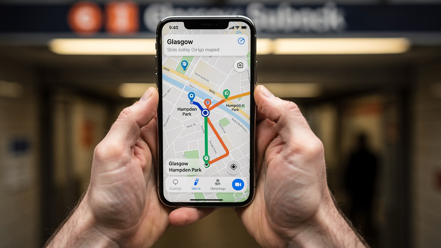 Un primo piano delle mani di un tifoso che tiene il telefono, mostrando l'interfaccia dell'app Citymapper con un percorso verso lo stadio di Hampden Park a Glasgow, Scozia. Sullo sfondo sfocato si intravede l'ingresso di una stazione della metropolitana scozzese.