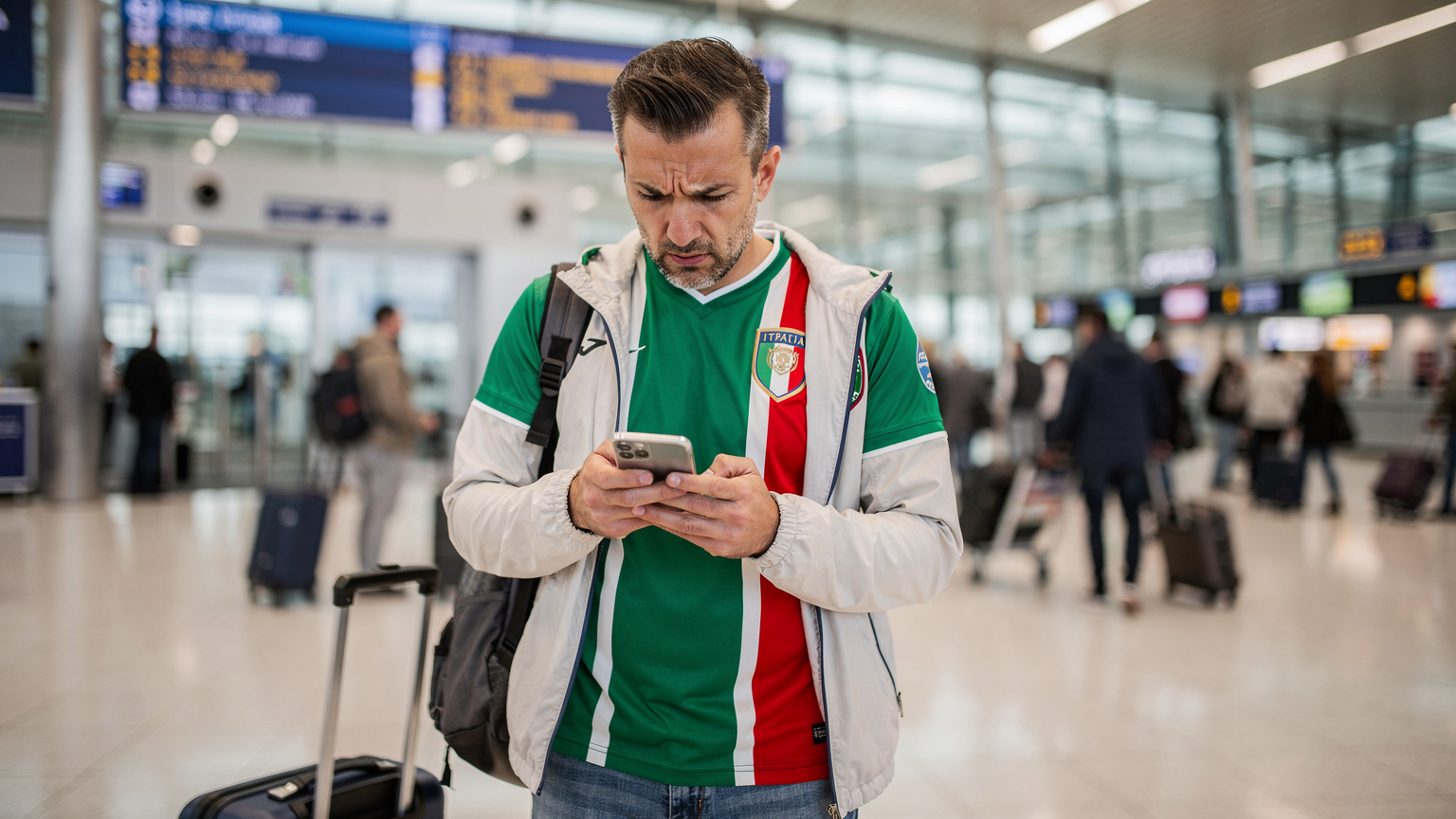 Un tifoso italiano con il telefono in mano, visibilmente frustrato, guarda il suo smartphone all'interno dell'aeroporto di Heathrow, con cartelli di 'Arrivals' sullo sfondo. L'immagine cattura un momento di apprensione per la mancanza di connessione.