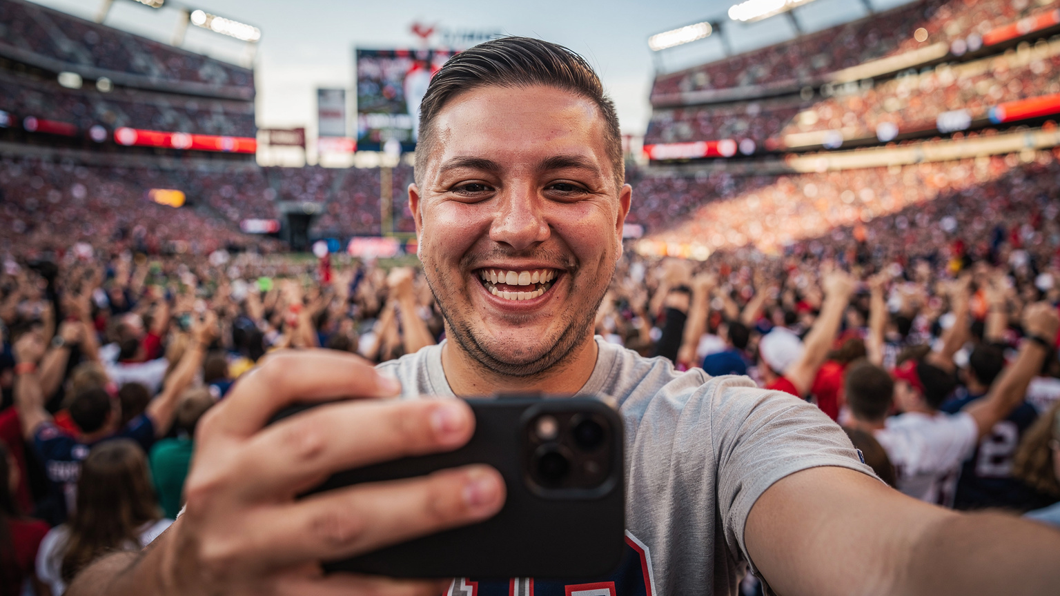 Uma pessoa em um estádio lotado nos EUA, tirando uma selfie com o celular, mostrando a empolgação do evento e a multidão ao fundo.
