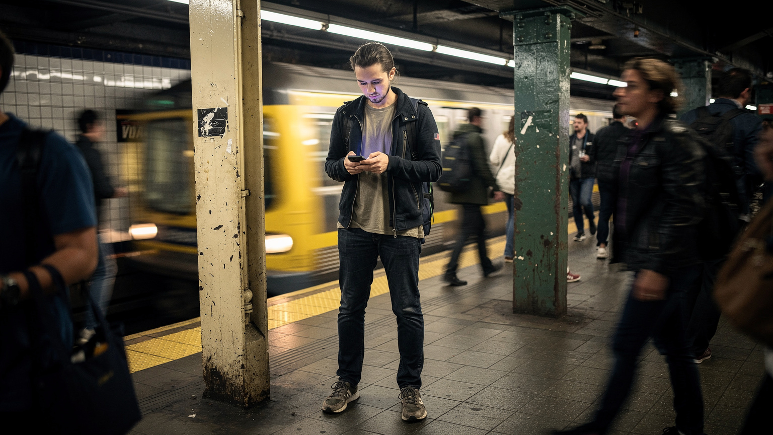 Uma pessoa em uma estação de metrô lotada em Nova York, olhando o celular com uma expressão de preocupação com a falta de sinal, enquanto outros passageiros passam apressados.