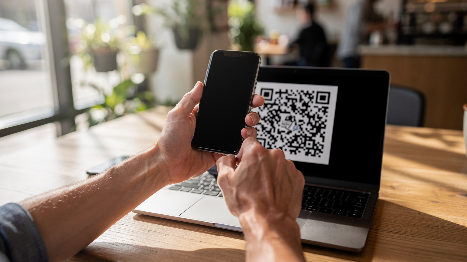 Mãos de uma pessoa segurando um smartphone e escaneando um QR code de eSIM de uma tela de notebook, em um ambiente de café com luz natural.