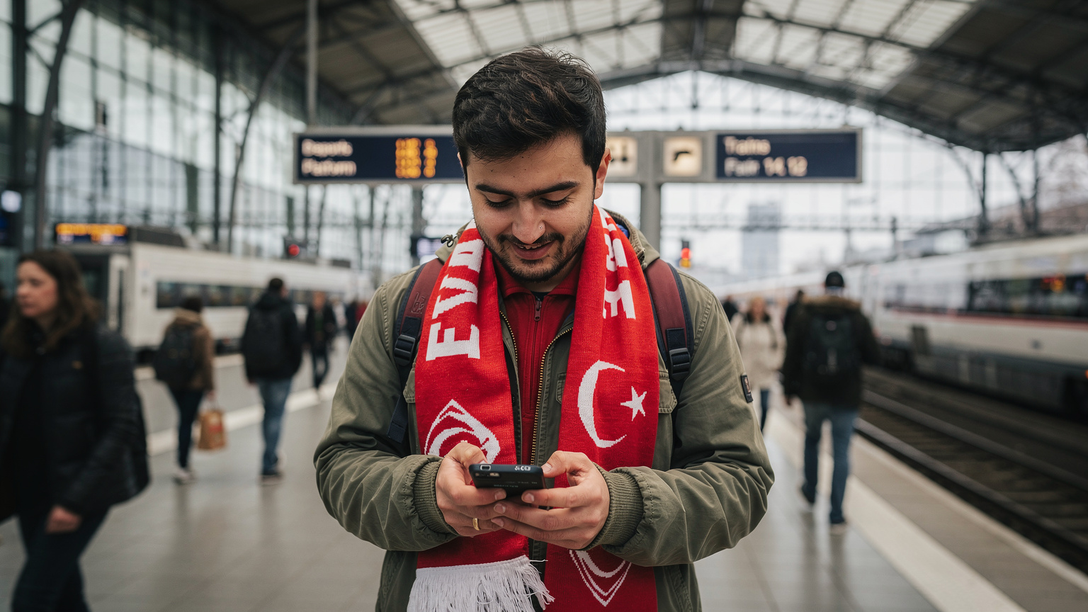 Almanya'da bir tren istasyonunda, peronda telefonundan maç skorlarını kontrol eden ve gülümsediği görülen bir Türk taraftar.