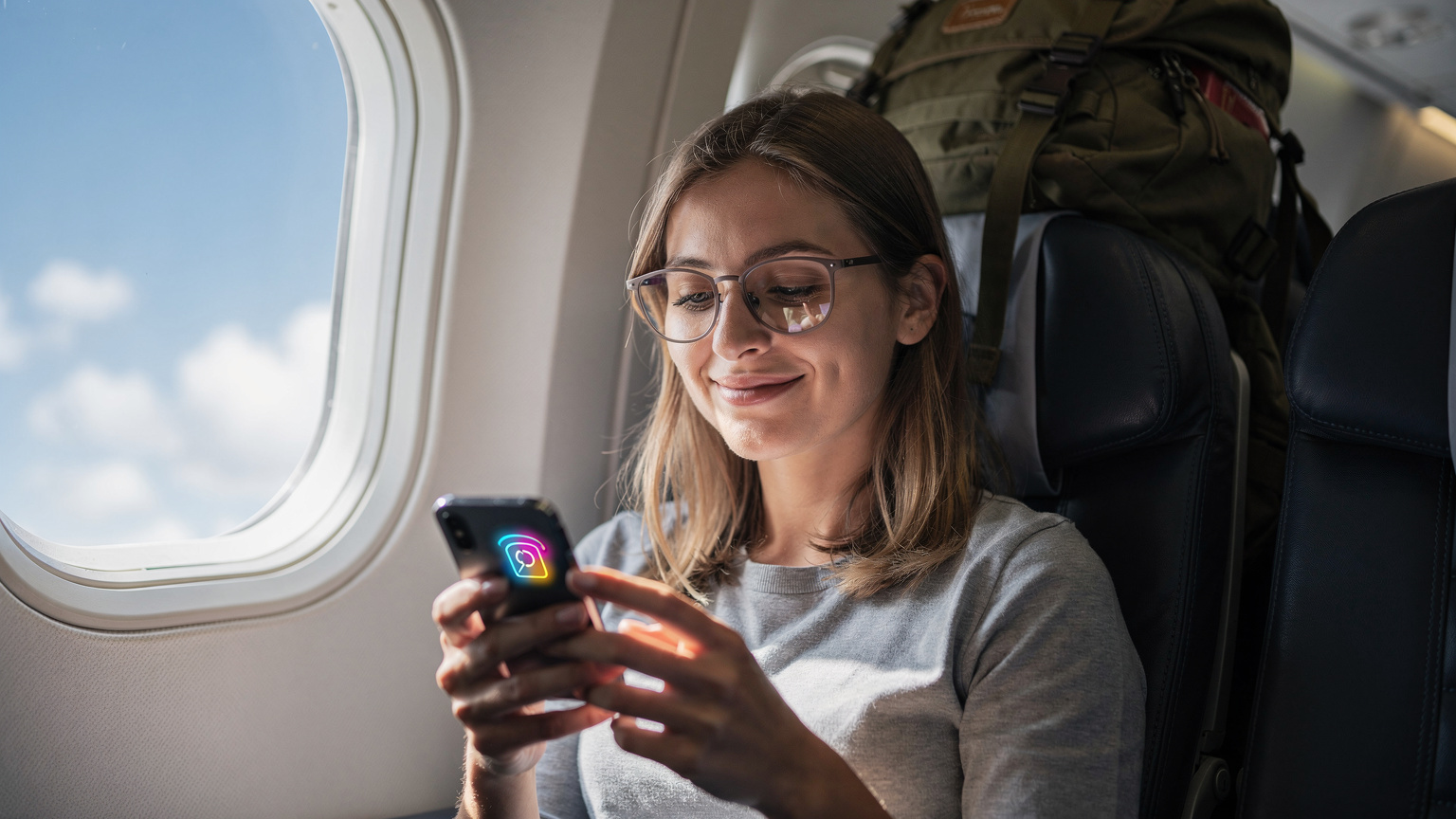 Uma mulher jovem com cabelo castanho claro e óculos, sentada confortavelmente dentro de um avião com a mochila de viagem no compartimento superior, sorrindo enquanto segura um smartphone, exibindo uma tela que sugere um eSIM ativado e pronto para uso, antes do embarque.