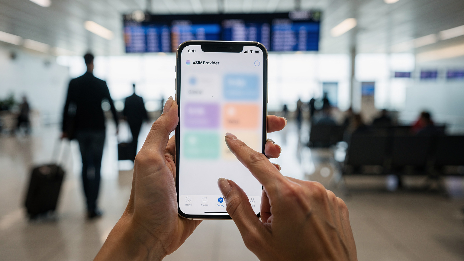 Mãos femininas segurando um smartphone, com o polegar navegando por um aplicativo de provedor de eSIM, exibindo opções de planos de dados. O fundo, levemente desfocado, mostra um terminal de aeroporto movimentado com passageiros caminhando e painéis de voo ao longe.
