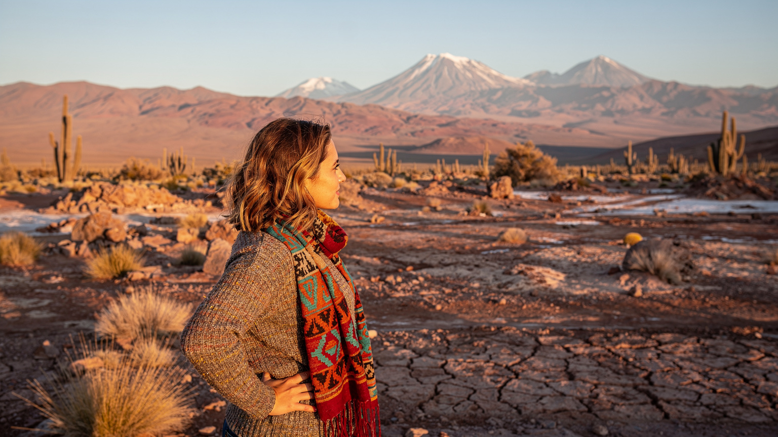 Uma mulher jovem com cabelos castanhos claros, vestindo uma blusa de lã e um lenço colorido, olhando para o horizonte desértico com as mãos na cintura. O sol da manhã ilumina a paisagem árida de San Pedro de Atacama, Chile, com montanhas distantes ao fundo e cactos espalhados.