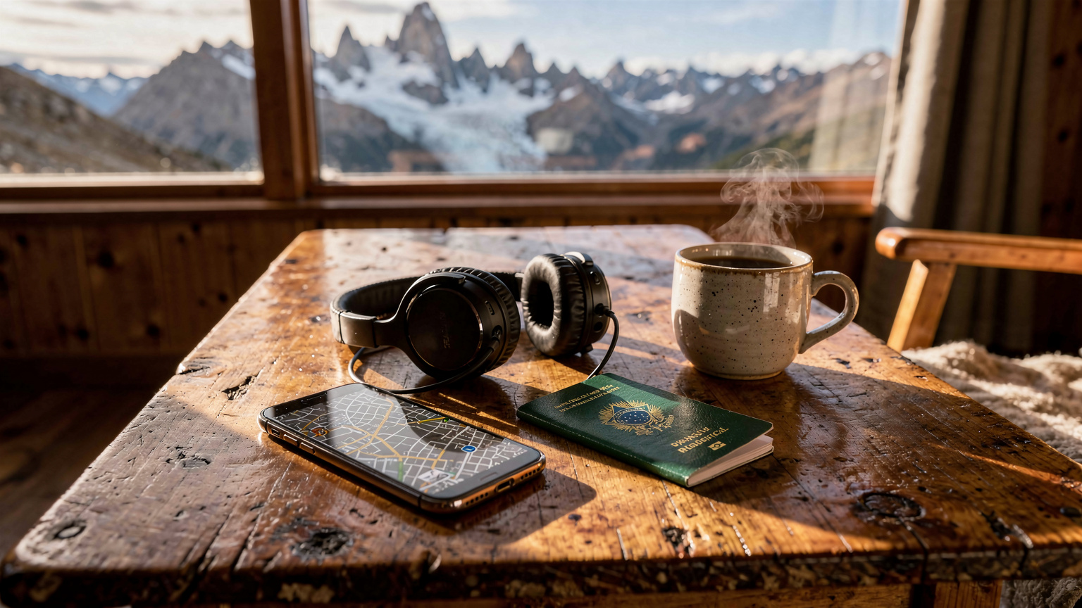 Uma mesa de café rústica em um hostel em El Chaltén, Argentina, com um smartphone mostrando um mapa offline, um passaporte brasileiro, fones de ouvido e uma caneca de café fumegante. As janelas atrás revelam uma vista panorâmica das montanhas imponentes da Patagônia.