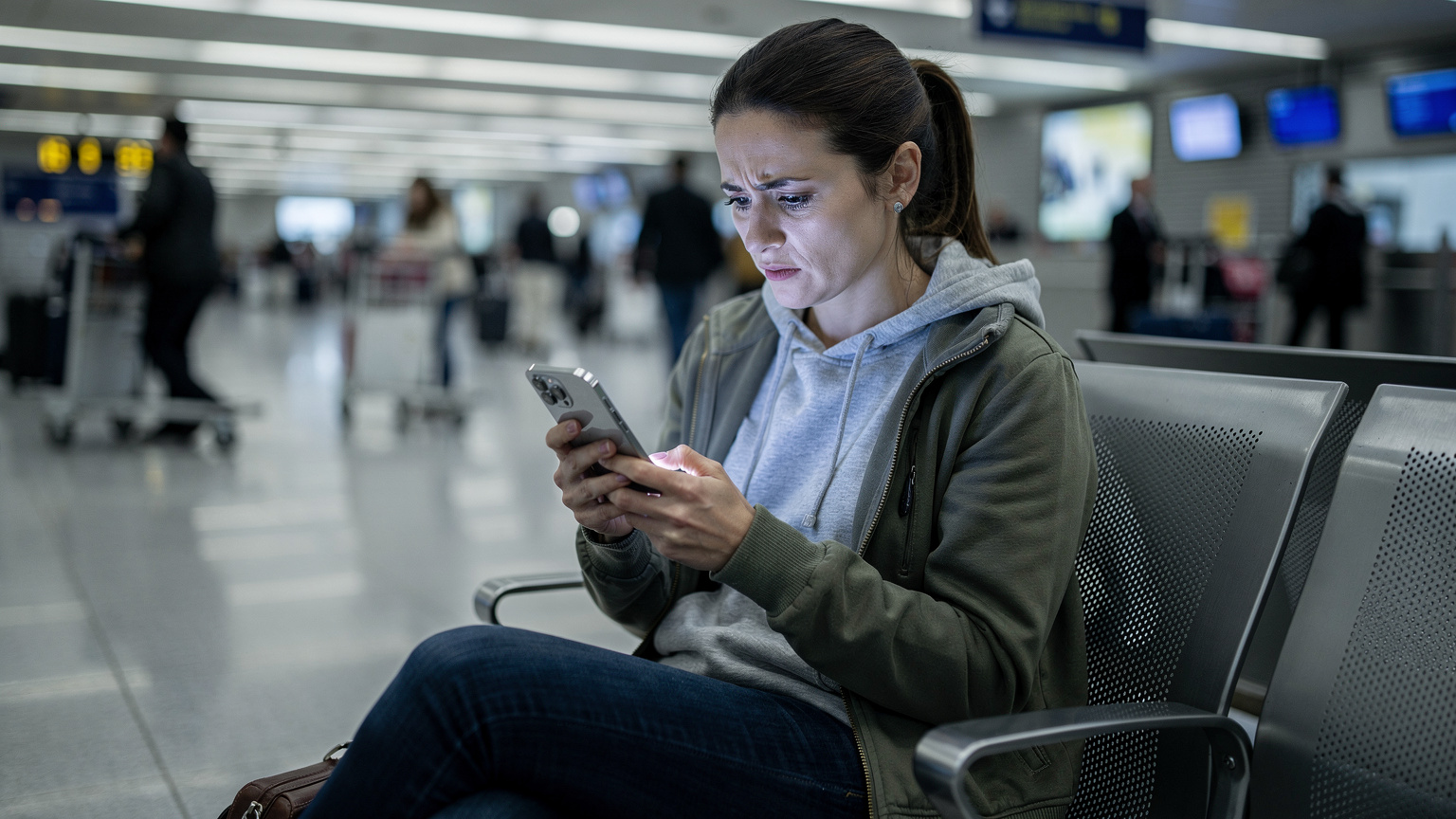A traveler looking at their iPhone with a concerned expression, sitting on a bench at a bustling airport gate, with luggage nearby and other passengers in the background.