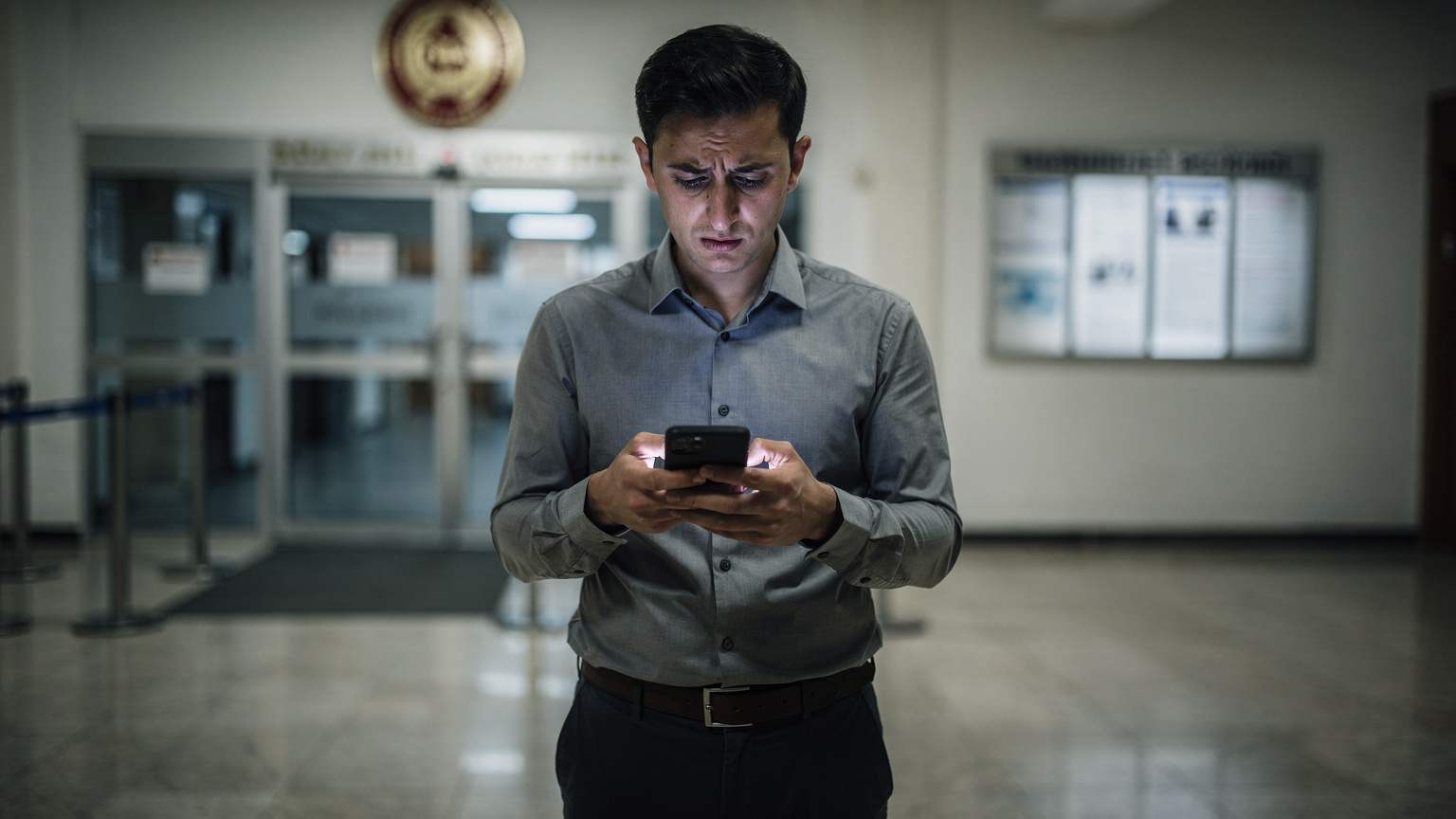 BTK (Bilgi Teknolojileri ve İletişim Kurumu) binasının önünde duran bir kişi. Elinde bir akıllı telefon tutuyor ve ekranda IMEI sorgulama ekranı açık, yüzünde hafif bir endişe ifadesi var. Arka plan bürokratik bir ofis hissi veriyor, resmi bir levha veya logo bulanık bir şekilde görünüyor.