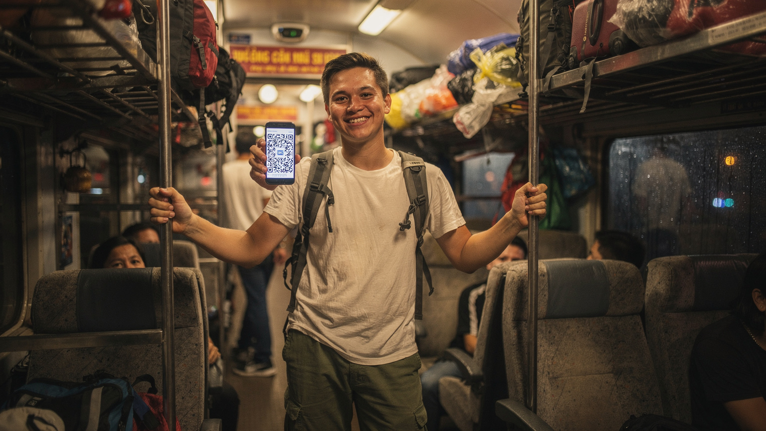 Un giovane backpacker sorride, mostrando il suo telefono con un codice QR per eSIM, mentre è seduto su un treno notturno sovraffollato in Vietnam.