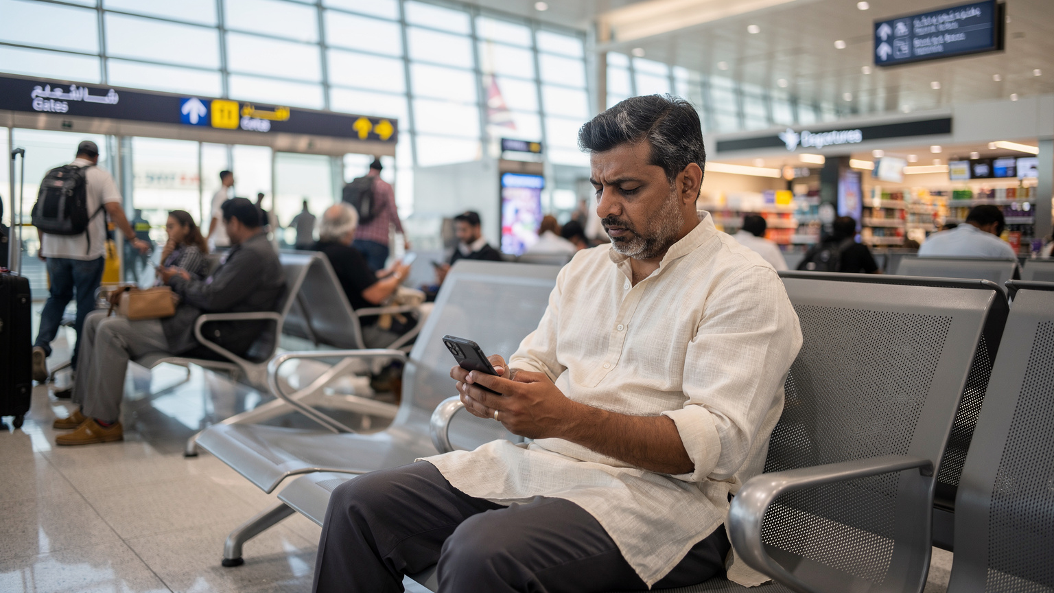 एक व्यक्ति दुबई एयरपोर्ट पर प्रतीक्षा कर रहा है, अपने फोन में VoWiFi सेटिंग्स को लेकर चिंतित दिख रहा है।