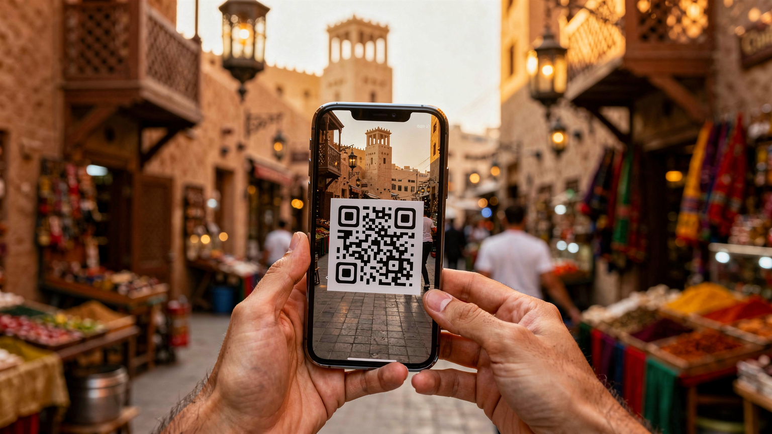 एक यात्री अपने स्मार्टफोन में eSIM को एक्टिवेट करने के लिए QR कोड स्कैन कर रहा है, जिसके पीछे दुबई का एक व्यस्त बाज़ार दिख रहा है।