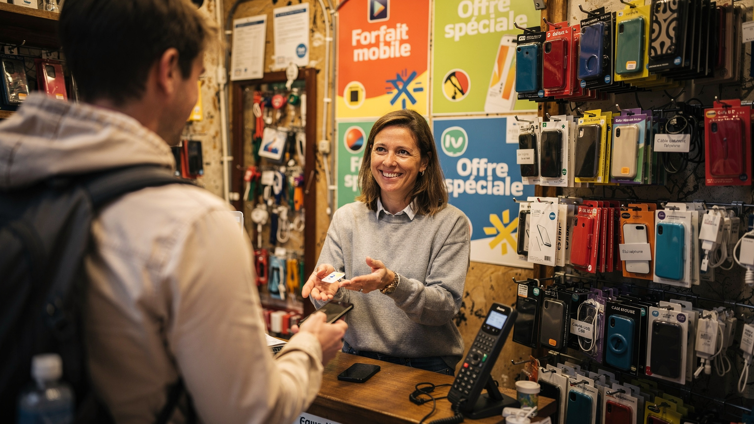 Une vendeuse souriante dans une petite boutique de téléphonie parisienne, tendant une carte SIM physique à un touriste. L'arrière-plan montre des affiches d'offres mobiles locales et des étagères remplies d'accessoires de téléphone, dégageant une atmosphère authentique et légèrement chaotique d'une petite entreprise dans un quartier comme le Marais.