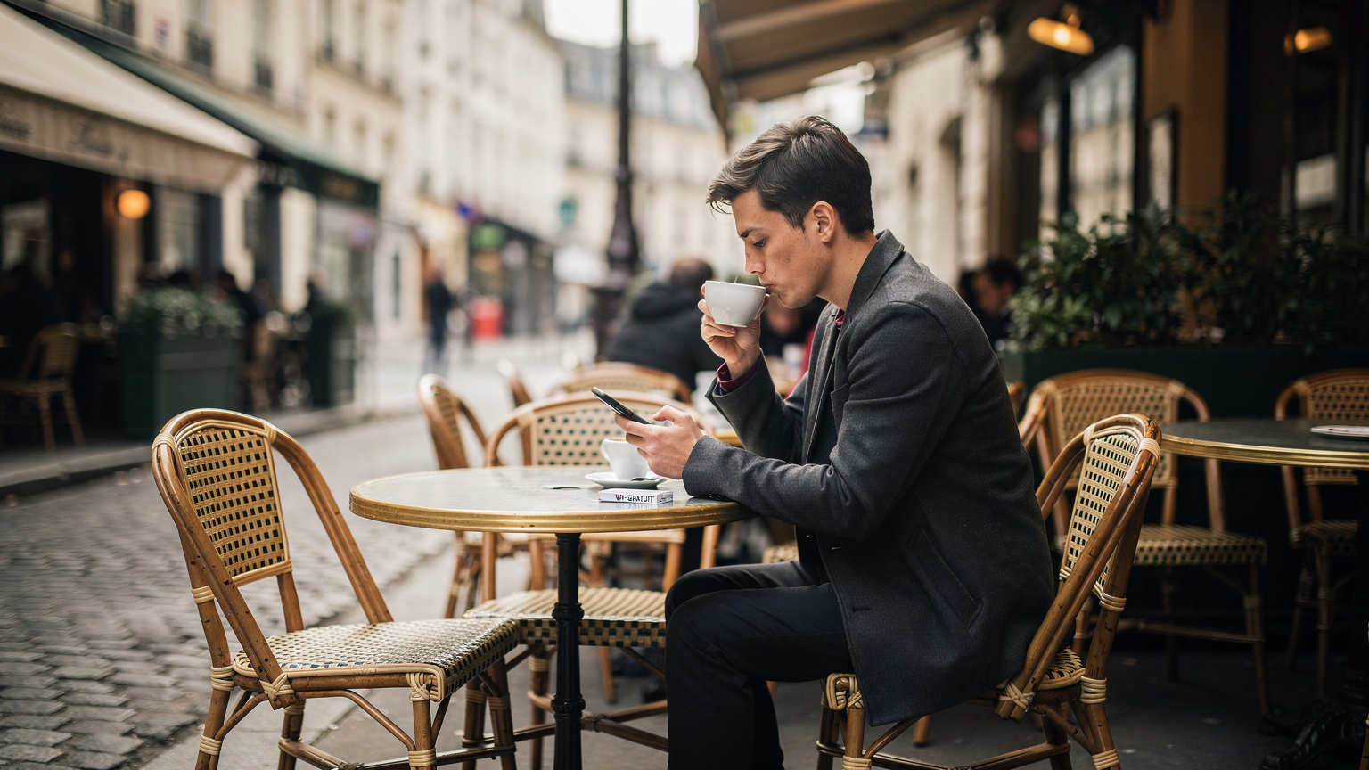 Un café parisien typique avec une petite terrasse bondée, une personne sirotant un café et utilisant son téléphone, avec une petite pancarte "Wi-Fi gratuit" discrètement visible sur la table ou le mur. L'ambiance est cosy et animée, dans un quartier comme Saint-Germain-des-Prés.