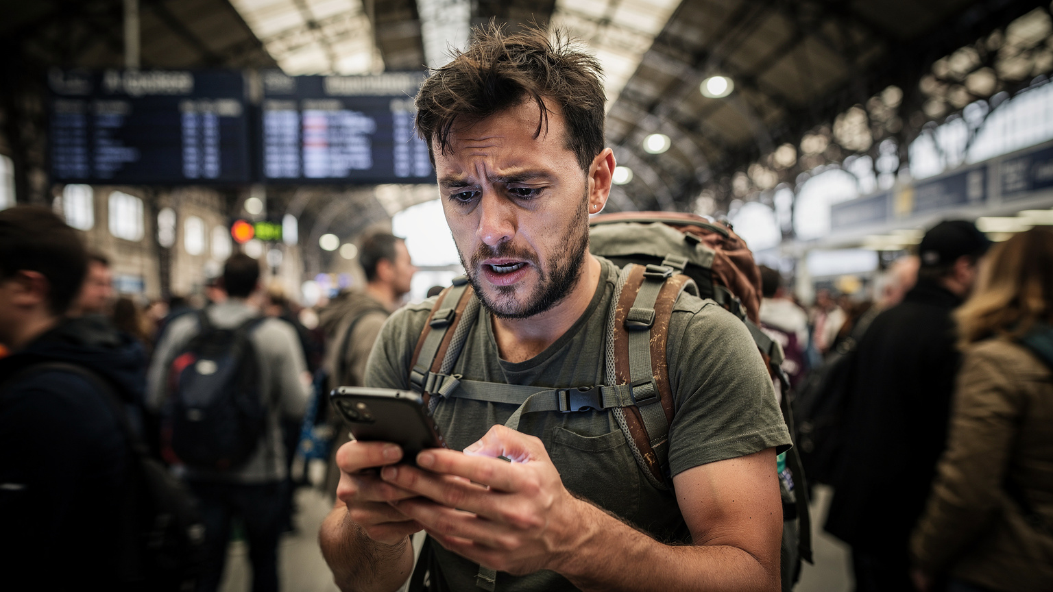 Un homme voyageur, l'air stressé, regarde son téléphone, entouré d'une foule dense dans une gare parisienne, la gare du Nord, avec des panneaux d'affichage d'horaires et de directions en arrière-plan. Il est clairement en difficulté de connexion.