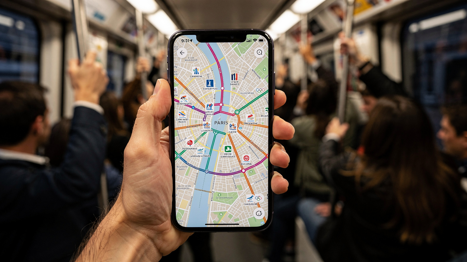 Une main tenant un smartphone affichant une carte de Paris avec des itinéraires complexes et des icônes d'événements sportifs. L'arrière-plan flou suggère l'intérieur d'une rame de métro parisienne bondée, capturant le mouvement et le défi de la navigation urbaine.