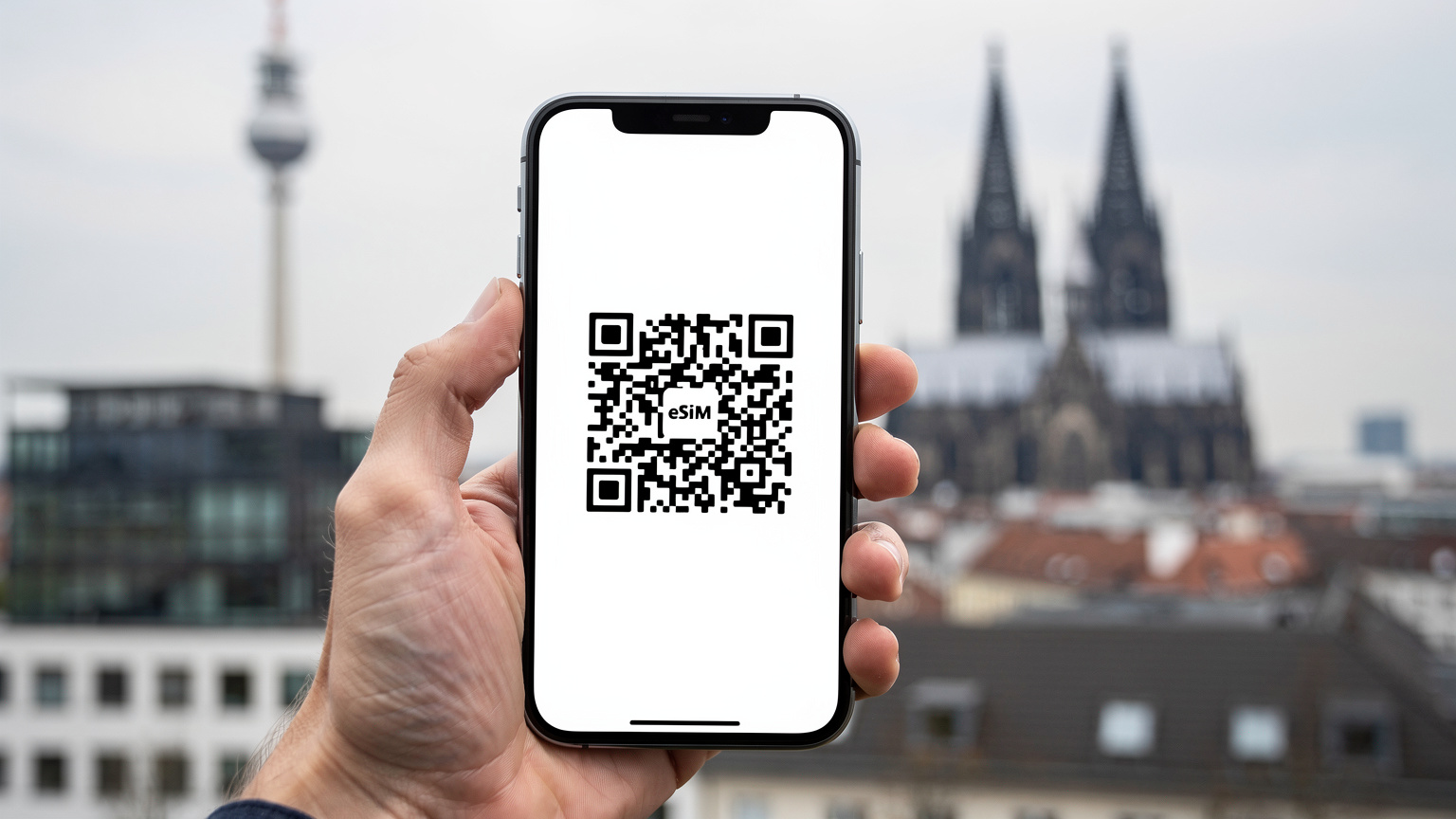 En hand håller en smartphone som visar en enkel QR-kod för eSIM-aktivering, med en tysk stadssiluett i bakgrunden.
