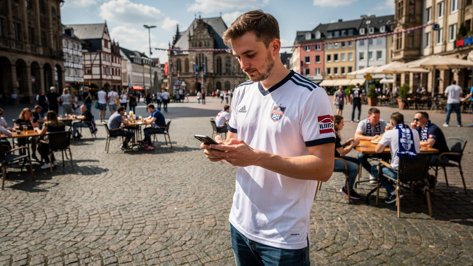 En ung man i Dortmunds centrum tittar på sin telefon och aktiverar sitt eSIM inför en match.