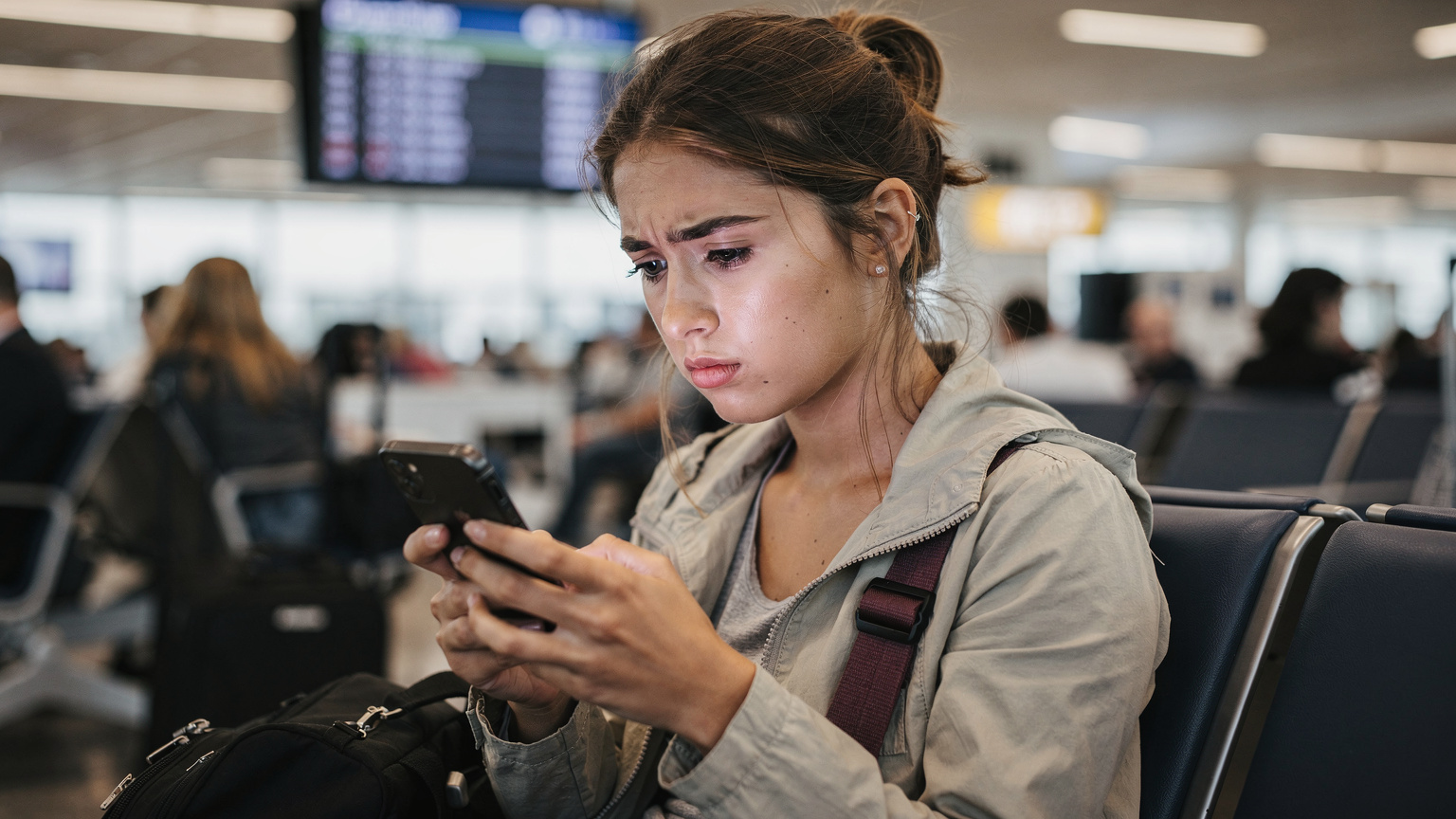 Một phụ nữ trẻ đang cau mày, nhìn vào màn hình điện thoại ở khu vực sảnh sân bay đông đúc, trông có vẻ bực bội vì gặp sự cố kết nối internet.