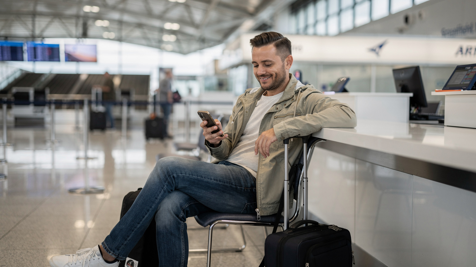 Một người đàn ông đang ngồi tại quầy check-in của sân bay, mỉm cười thư thái khi kiểm tra điện thoại thông minh của mình, cho thấy kết nối internet ổn định trước chuyến bay.