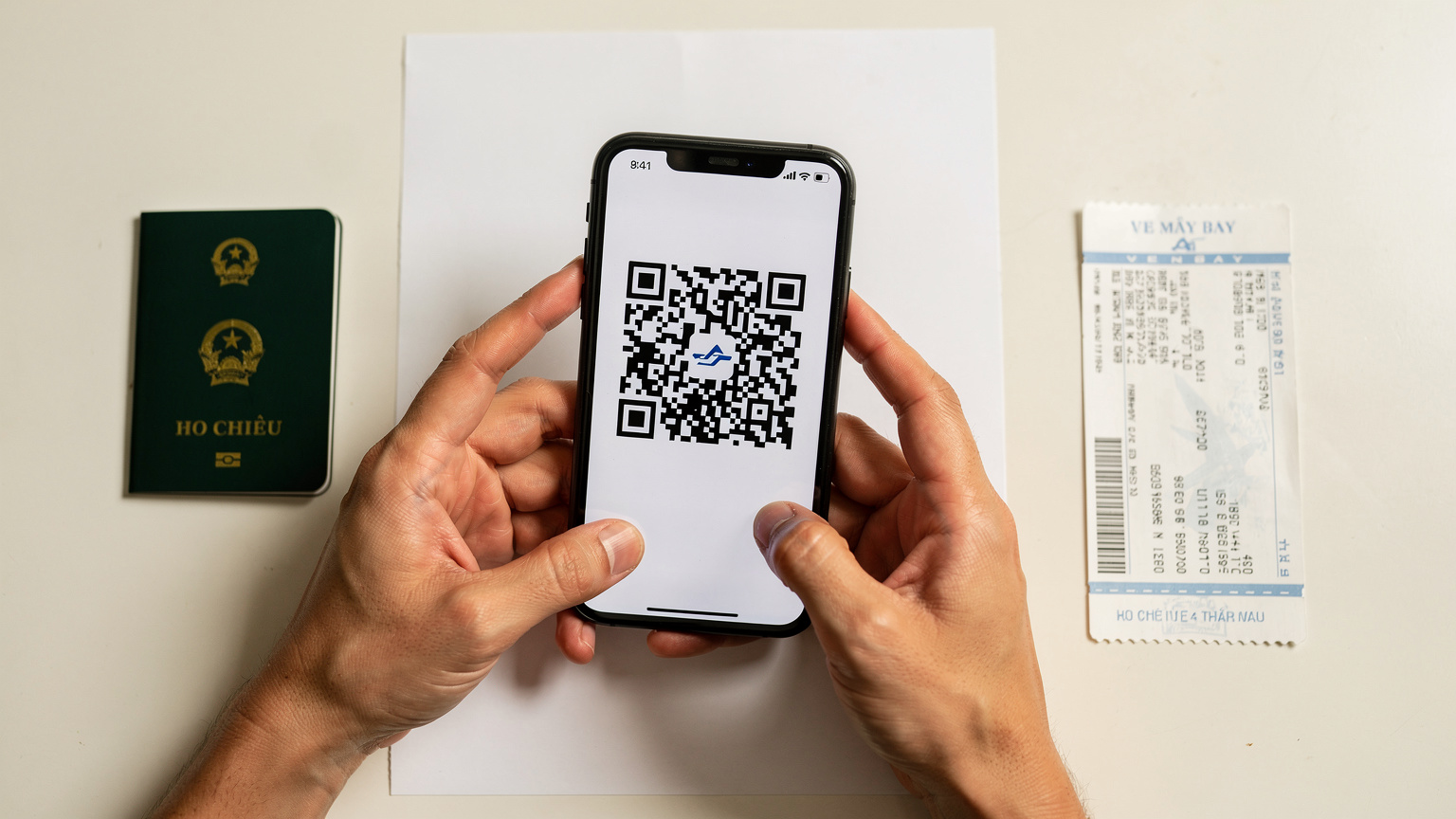 Cận cảnh bàn tay một người dùng đang cầm điện thoại thông minh, quét mã QR trên một tờ giấy để cài đặt eSIM. Trên bàn có hộ chiếu Việt Nam và vé máy bay.
