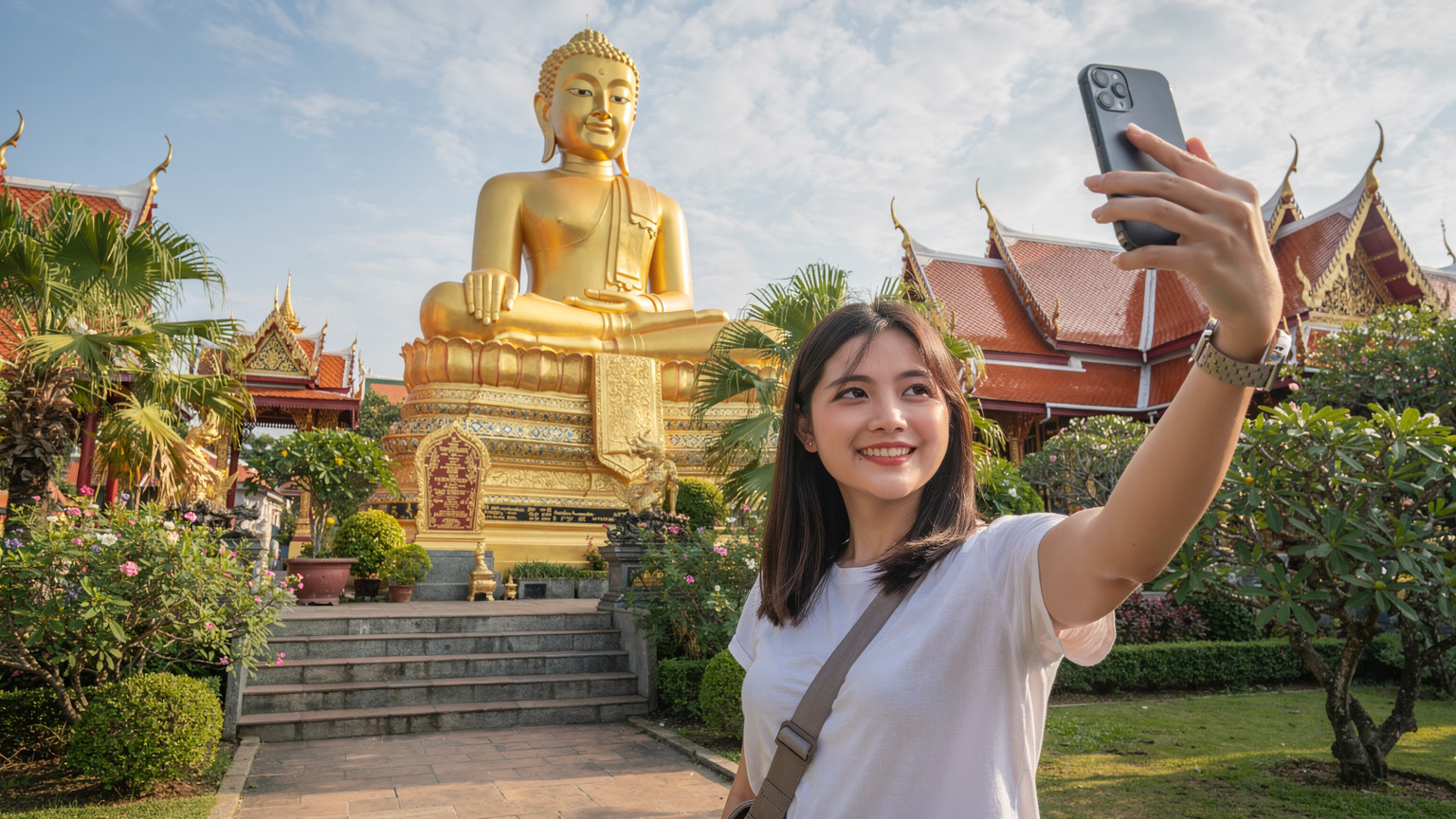 Một phụ nữ trẻ Việt Nam đang mỉm cười, chụp ảnh tự sướng với điện thoại thông minh, phía sau là khu vườn tượng Phật khổng lồ tại một ngôi chùa ở Thái Lan.