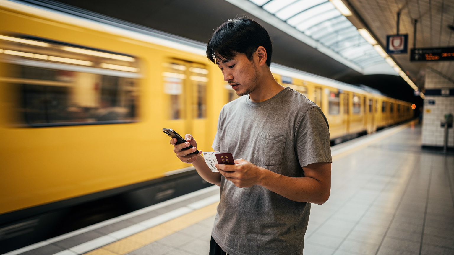 ドイツ、ベルリンのU-Bahnの駅で、スマートフォンとパスポートを手にeSIMプランを比較検討している日本人男性。
